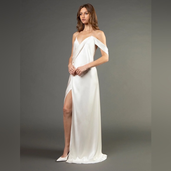 Michelle Mason STRAPPY WRAP GOWN WITH COWL - IVORY - Picture 1 of 13